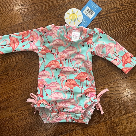 Fab Flamingo One Piece Ruffle Butts Rashguard Swimsuit - Picture 1 of 3
